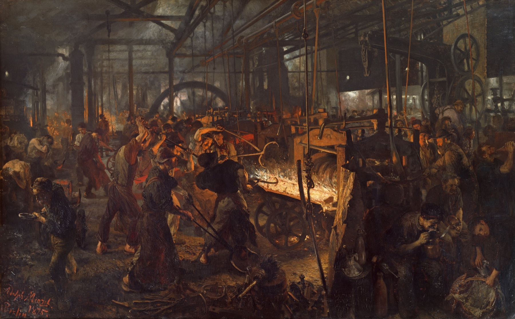 Adolph von Menzel's The Iron Rolling Mill, showing workers inside a crowded nineteenth-century ironworks